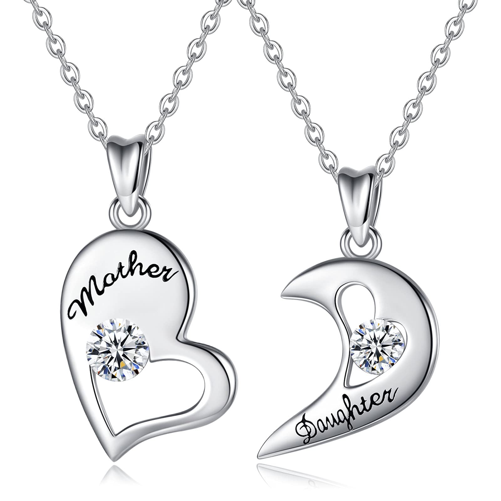 EUDORA Heart Mother & Daughter Necklace - Double Chain Sterling Silver Pendant for Mom & Daughter Jewelry - Mother's Day Gift, 45CM