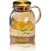 AEFPOYMXU 64 oz Amber Glass Pitcher with Lid and Spout Borosilicate Water Pitcher Bedside Water Carafe Vintage Glass Jug for Juice Coffee Iced Tea Hot Cold Beverage Lemonade Fridge 1.8L