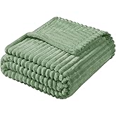 Vessia Flannel Fleece Throw Blanket, 300GSM Cozy Sage Green Striped Throw for Couch, Sofa and Bed, Warm and Soft Cozy Green Microfiber Ribbed Blanket for All Season(50x40inch)