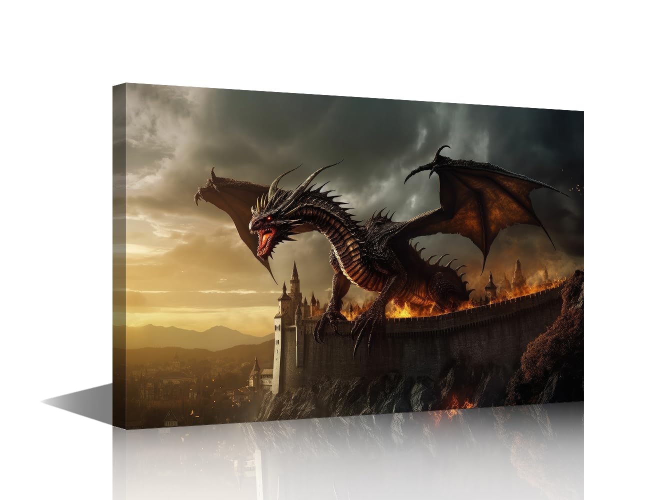 TISHIRON Dragon King Roar Wall Art for Men Boys Bedroom Bar Club Pub Wall Decor Animals Framed Canvas Art Pictures House Deocrations for Living Room Office Framed Ready to Hang - 24x16in