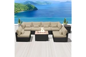 Dineli Patio Furniture Sectional Sofa with Gas Fire Pit Table Outdoor Patio Furniture Sets Propane Fire Pit (Light Beige-Rectangular Table)