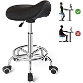 YEEZEE Saddle Stool Ergonomic- Comfortable Rolling Saddle Stool with Wide Thick Saddle Seat Padding, Swivel Adjustable Saddle Chair with Wheels and Ring Pedal for Medical Massage Salon (Dark Black)