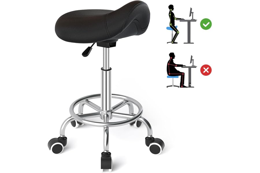 YEEZEE Saddle Stool Ergonomic- Comfortable Rolling Saddle Stool with Wide Thick Saddle Seat Padding, Swivel Adjustable Saddle Chair with Wheels and Ring Pedal for Medical Massage Salon (Dark Black)