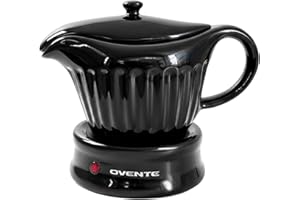 OVENTE Electric Gravy Boat Warmer with Ceramic Pot and Lid, Detachable Warming Base and Easy-Pour Spout, 13.5 Ounce Ideal for Small Parties, Entertaining, Thanksgiving and Holiday, Black FW024589B