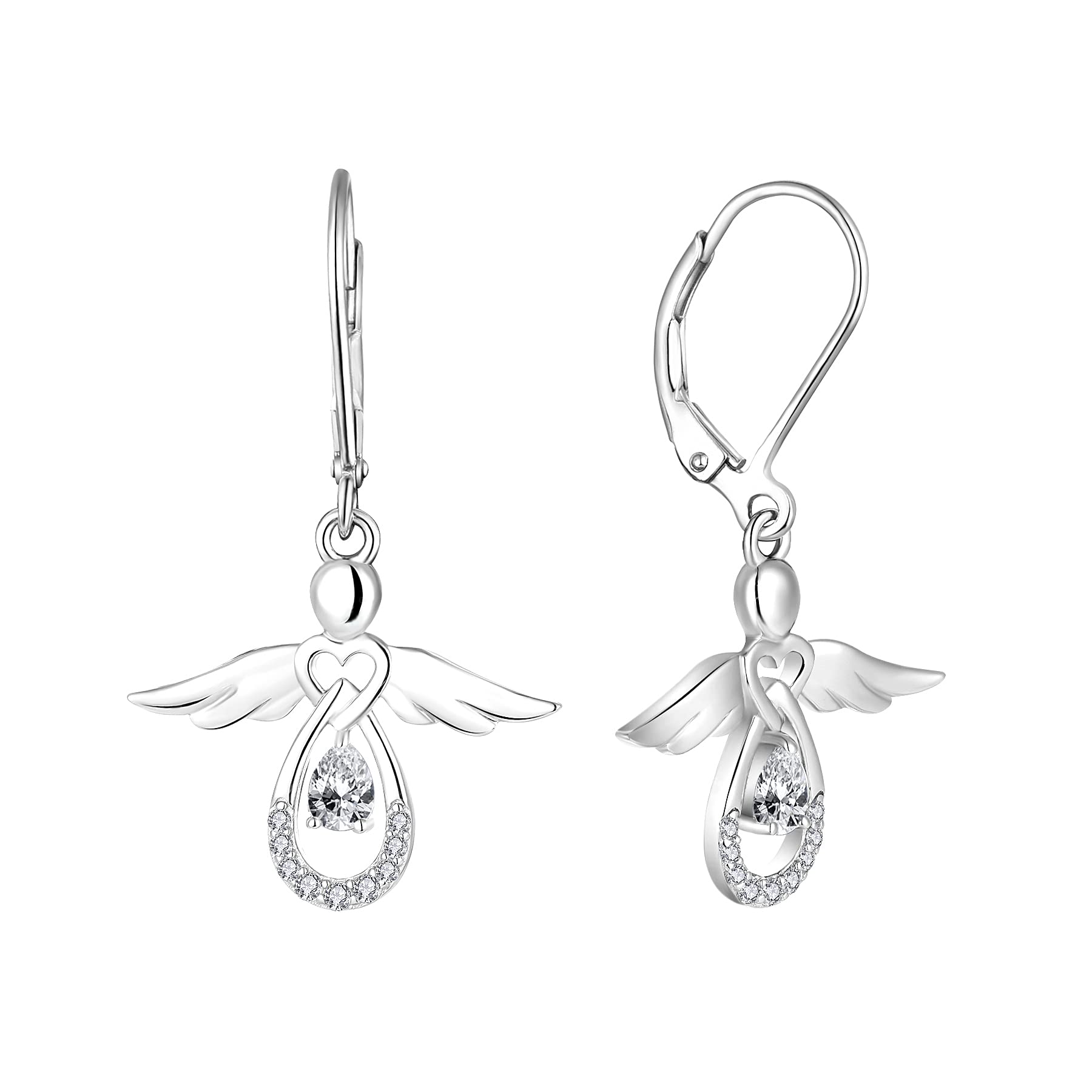 FJ Guardian Angel Earrings 925 Sterling Silver Leverback Dangle Drop Earrings April Birthstone Jewellery for Women