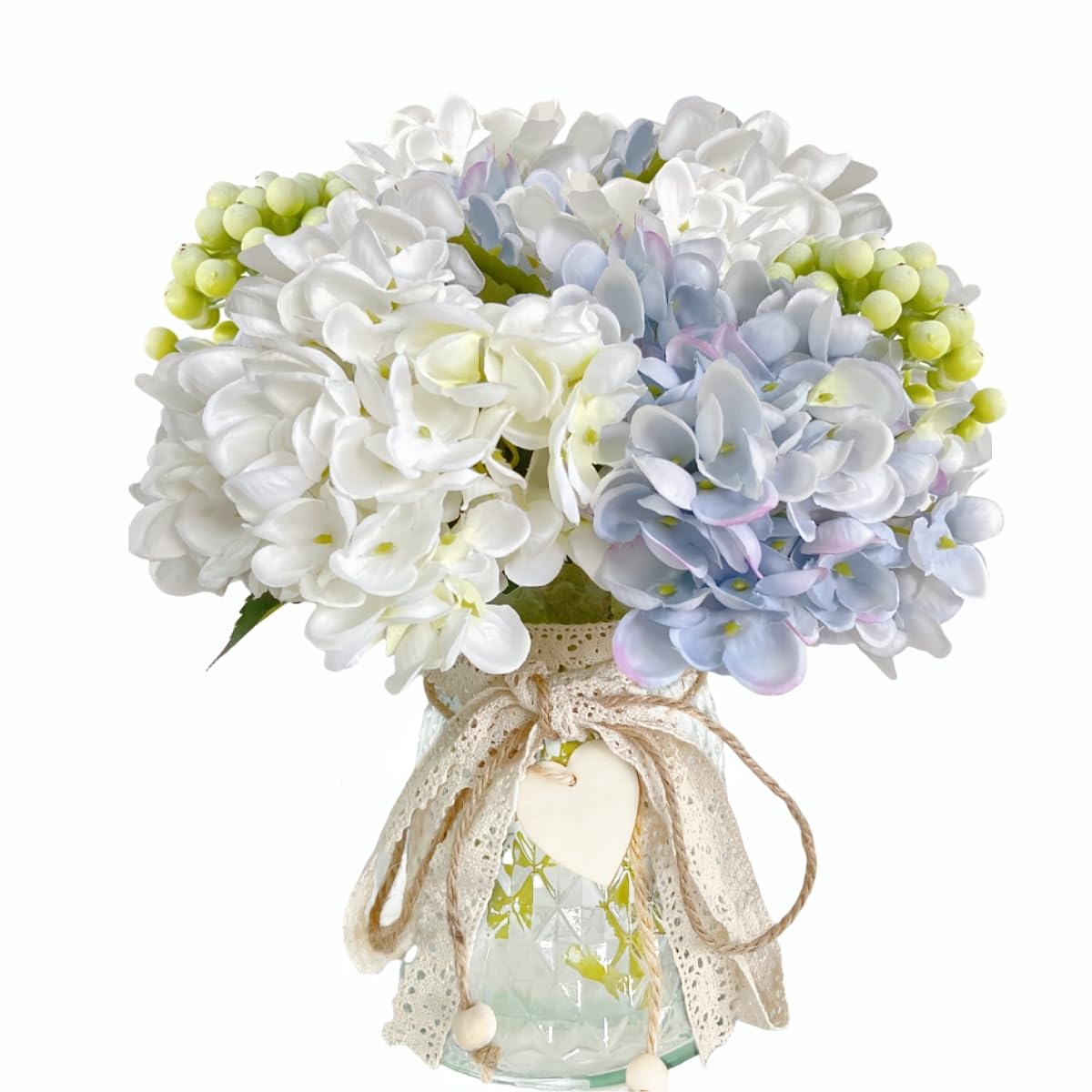Faux Hydrangeas in Glass Vase, Artificial Fake Flower Silk Hydrangea Bouquet with Vase, Table Centerpiece Decorations Wedding Bouquets for Party Office Farmhouse Kitchen Home Decor (Blue& White)