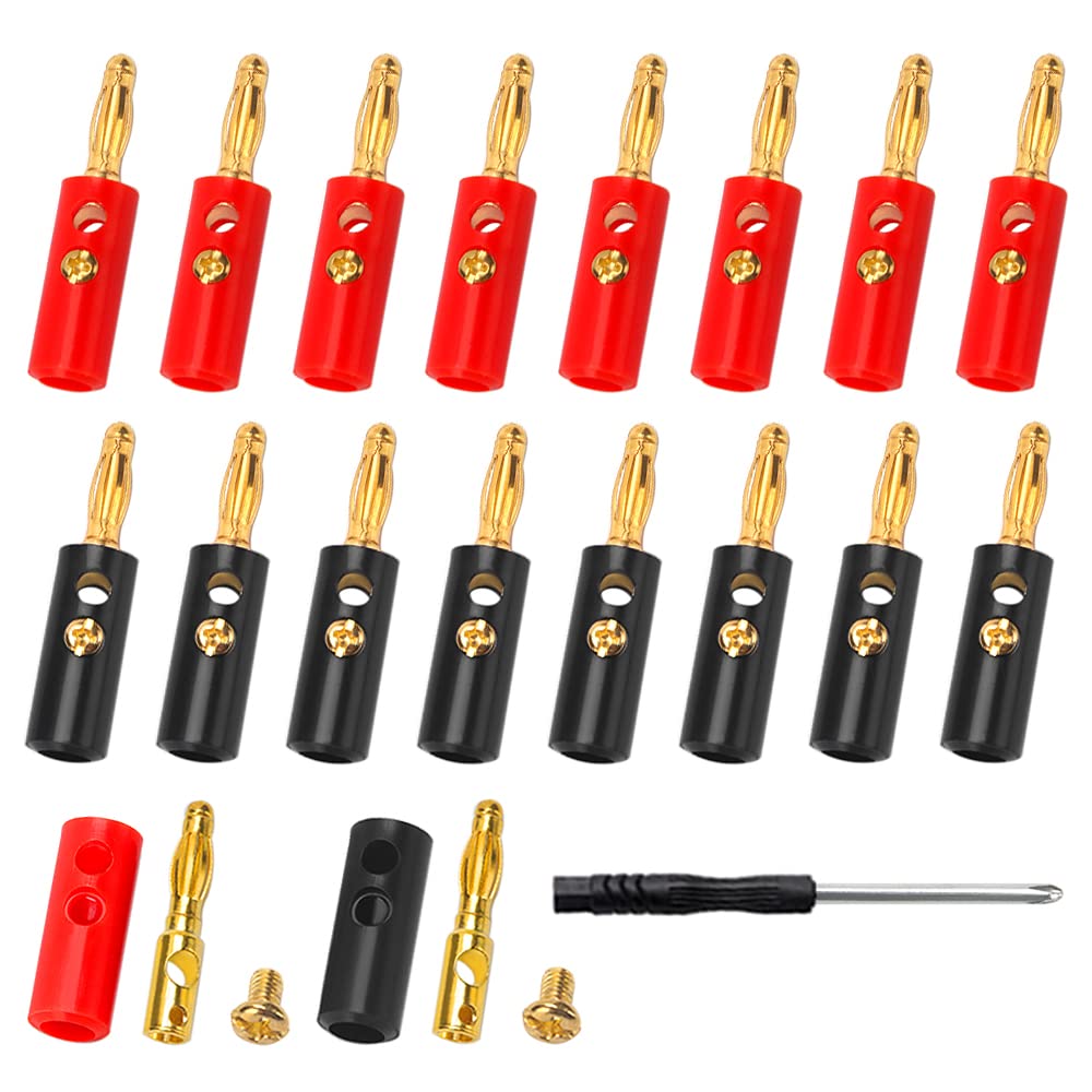 KUOQIY 18 PCS Gold Plated Banana Plug Connector, 4mm Speaker Plug Speaker Cable Connectors, with screwdriver, for Musical Audio Speaker Wire & Audio/Video Receiver, 9 Red + 9 Black — image 1