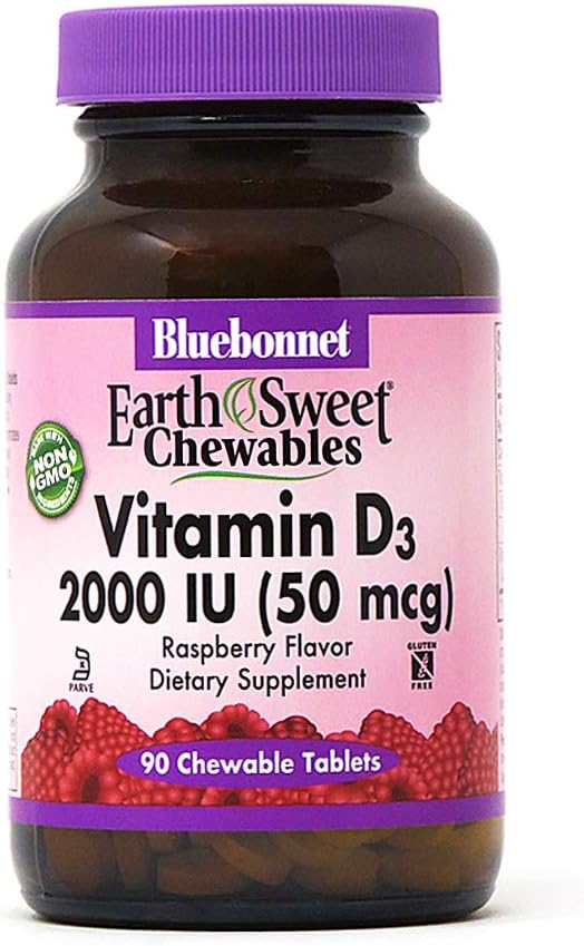 Bluebonnet Nutrition Earth Sweet Vitamin D3 2000 IU Chewable Tablets, Aids in Muscle and Skeletal Growth, D3, Non GMO, Gluten, Free, Soy Free, Milk Free, Kosher, 90 Chewable Tablets, Raspberry Flavor: Health & Personal Care