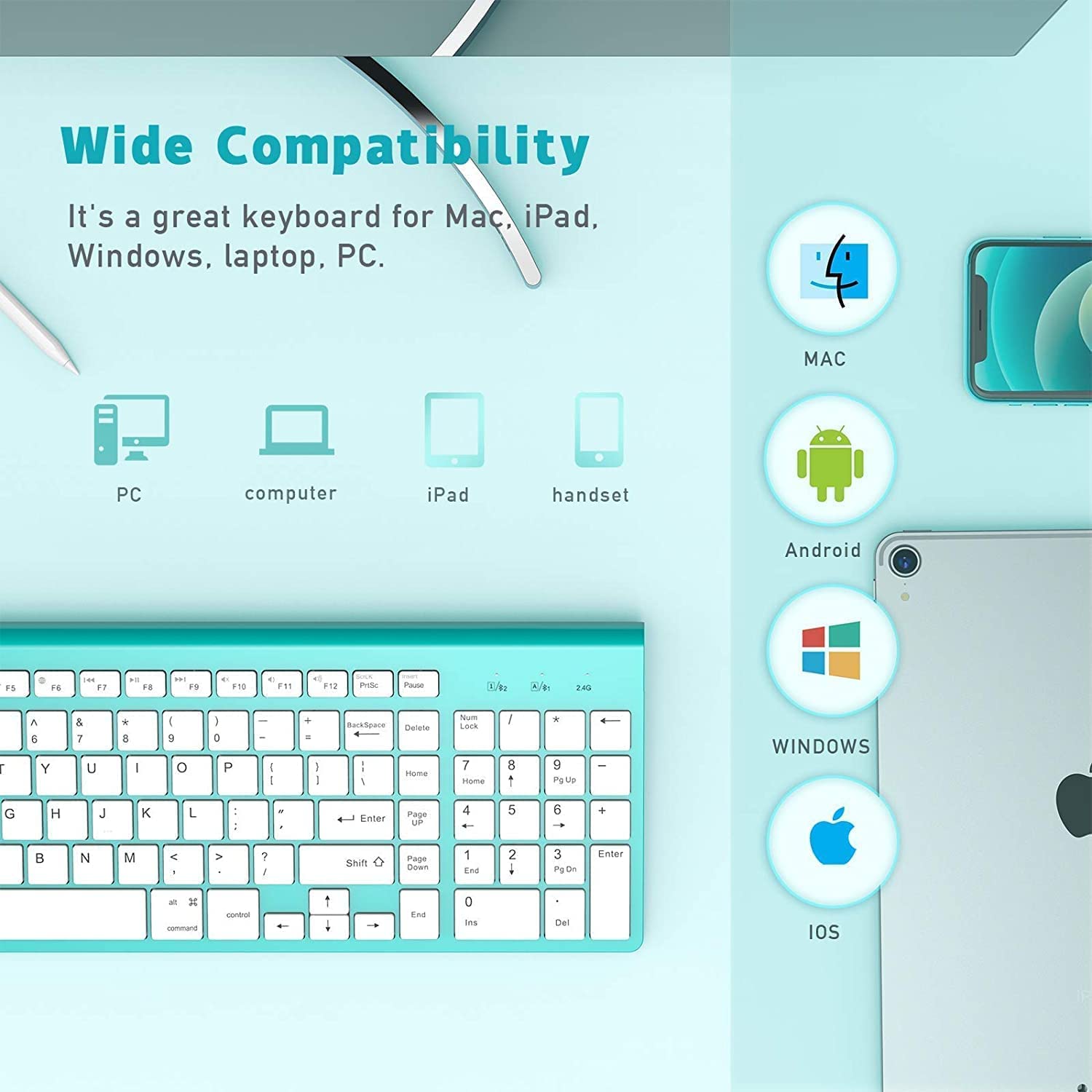 JOYACCESS Wireless Bluetooth Keyboard for Mac,Ergonomic Multi-Device Keyboard with Number Pad, Compatible with MacBook Pro/Air, iMac,iPhone,iPad, iOS, Android, Windows, Turquoise