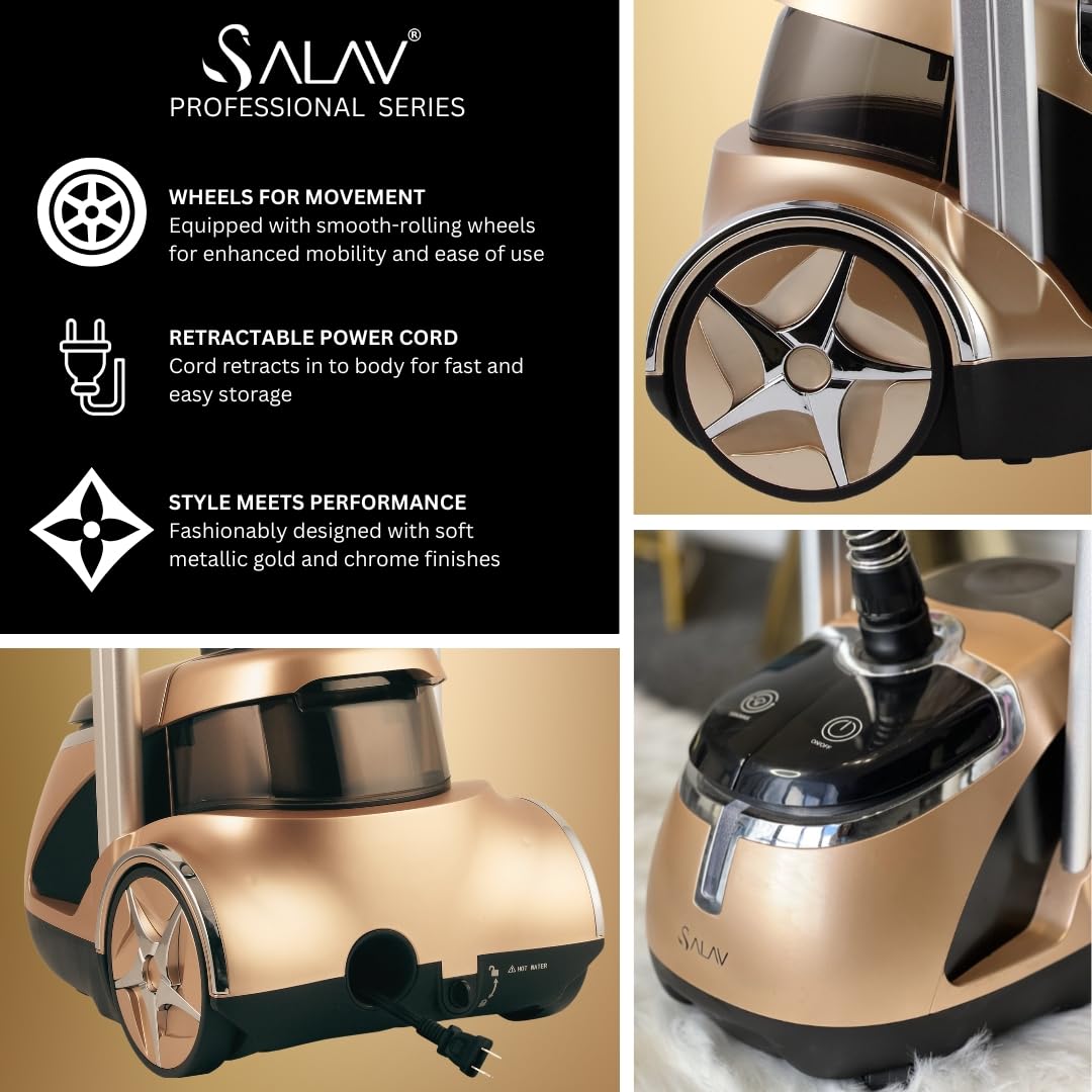 SALAV Professional Standing Garment Steamer with Retractable Power Cord, Foot Pedal Control, Wheels for Easier Movement (Gold)
