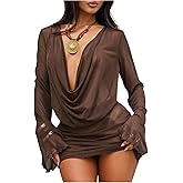 MakeMeChic Women's Mesh Club Dress Long Sleeve Cowl Neck Mini Dress Draped Swimsuit Coverup