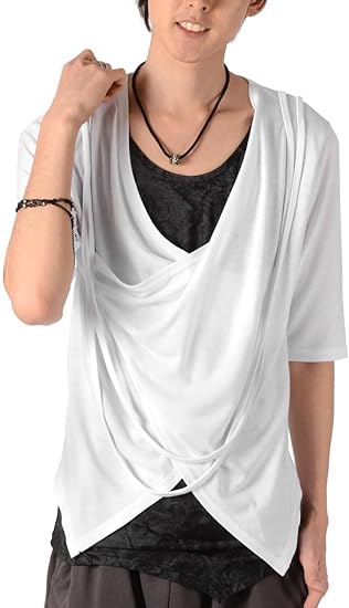 Amazon V系 Tシャツ メンズ クロスドレープフェイクレイヤード5分袖カットソー ホワイト ブラックl Tシャツ カットソー 通販