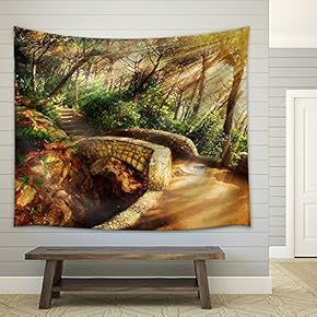 Mystical Park Old Trees and Ancient Stone Bridge Pathway - Fabric Wall Tapestry Home Decor - 51x60 inches