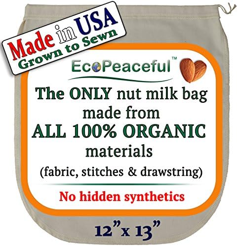 EcoPeaceful 2 pack (12"x13") 100% Organic Cotton Cold Brew Coffee Bags Reusable - Extra Fine Coffee Filter Bag + FREE BONUS 3 Organic Cotton Face Masks All Organic: Fabric, Stitches, Loop & Drawstring