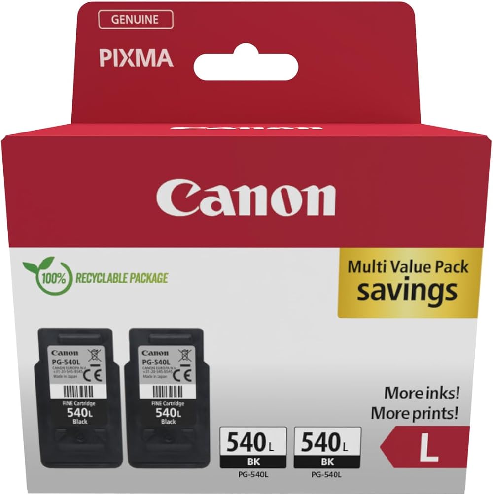 Canon PG-540L (2 x Black) High Yield Genuine Ink Cartridges Twin Pack