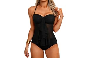 TZLDN Womens Two Piece Tankini Swimsuits Cute Bathing Suits Flowy Mesh Halter Slimming Tankini Tops with Bottom Swimwear