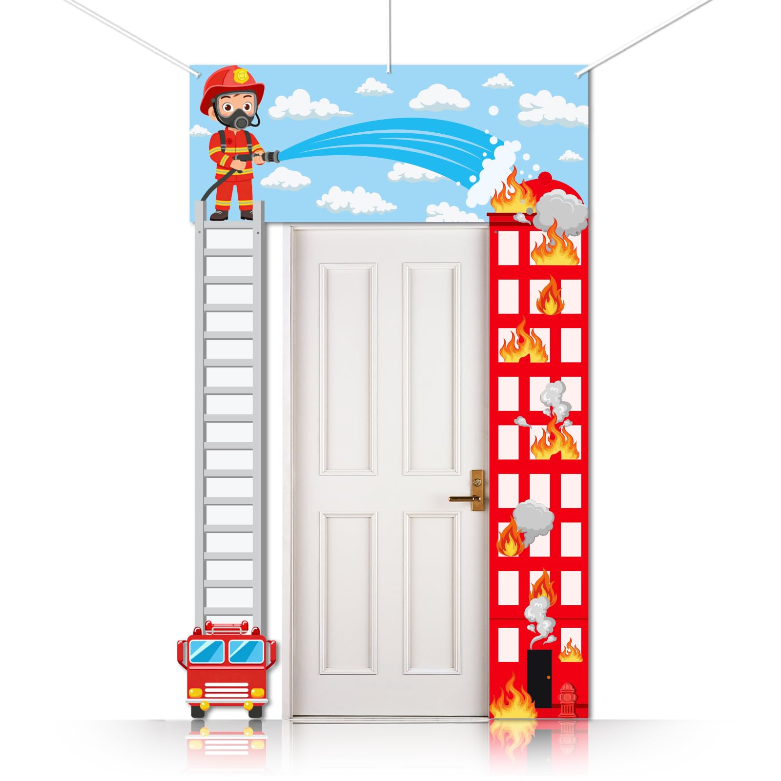 CUTHOLLOW 3PCS Firefighters Porch Sign Banner, Firefighters Fire Trucks Pattern Party Decorations Hanging Welcome Door Banner for Photo Backdrop Birthday Party Supplies