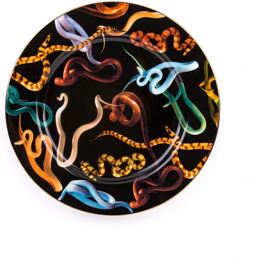 Seletti Toiletpaper Porcelain Dinner Plate with Snakes Decor with Gold Border