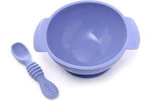 PrimaStella Unbreakable Silicone Non-Slip Bowl and Chew Spoon Set for Babies and Toddlers (Periwinkle)