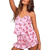 Ekouaer Satin Pajama Set for Women Silk Pjs for Women Set Camisole Top and Shorts with Ruffle Sleepwear