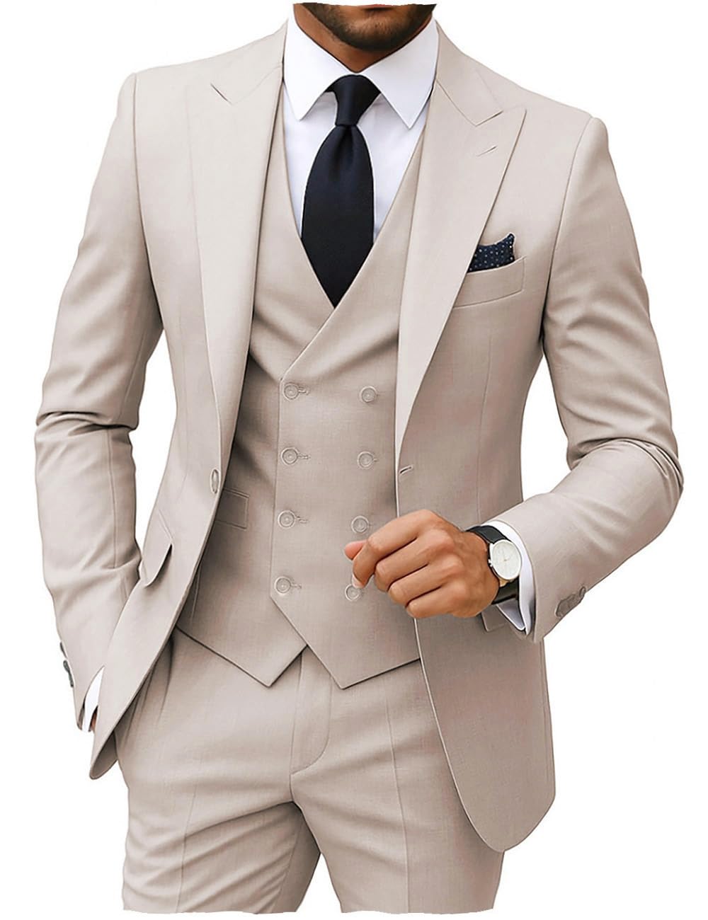 Photo 1 of MoranX Men's Suits Regular Fit 3 Pieces Double Breasted Formal Business Tuxedos Blazer Vest Pants for Wedding Grooms(Beige,Small)