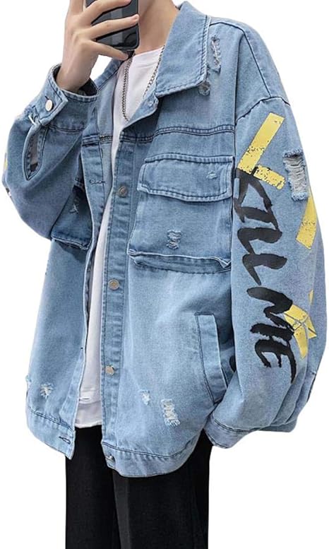 Amazon Zhongjue ジュージェン デニムジャケット メンズ ダメージ加工 ジージャン 長袖 ゆったり アウター デニム プリント柄ファッション Gジャン ストリート系 ジャケット 春 秋 コート ジャケット 通販