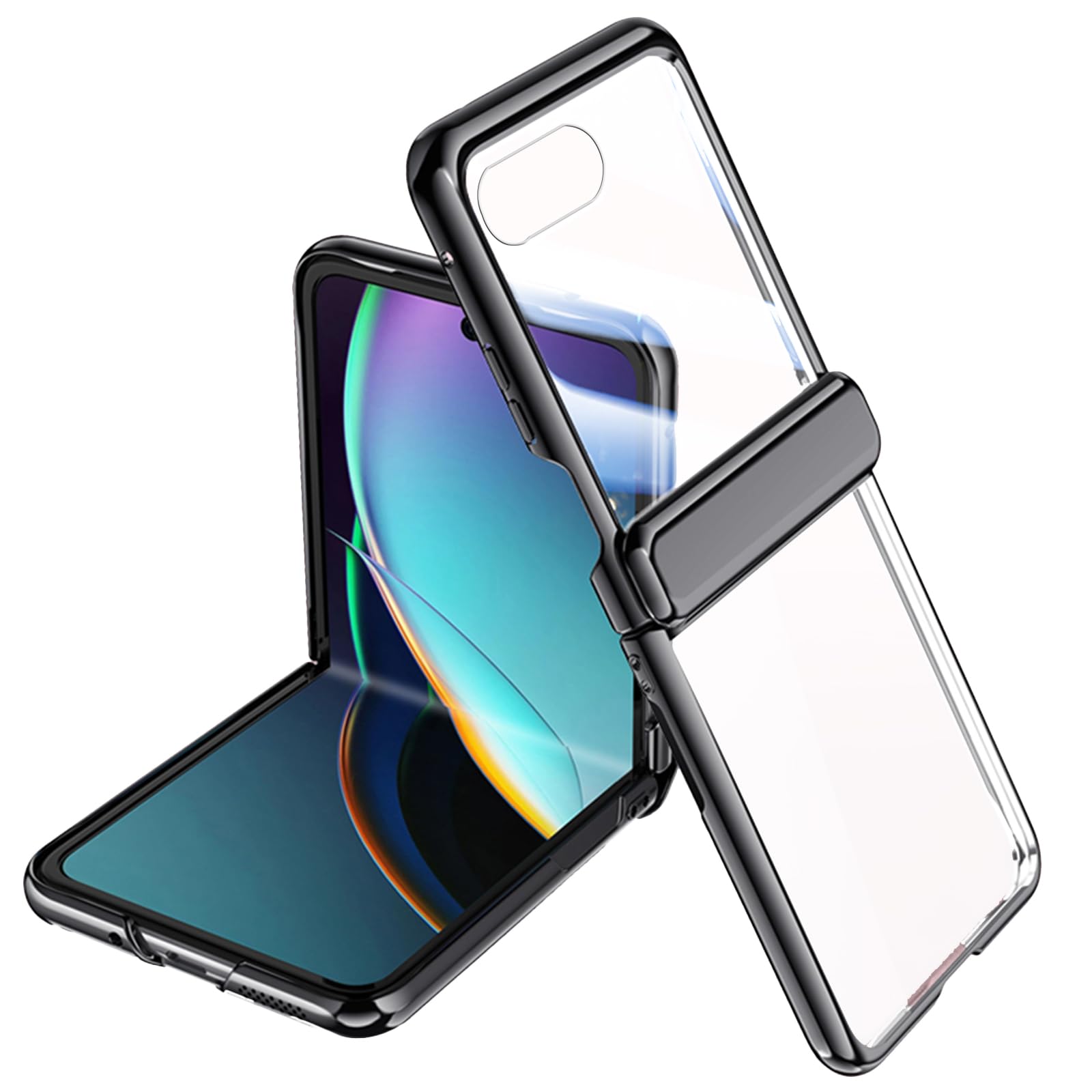 Photo 1 of YQODSZ for Motorola Razr+ 2023 Case with Integrated Screen Protector, Crystal Clear Phone Case with Hinge Protection Slim Plating Hard PC Bumper Protective Cover for Motorola Razr+ 2023 Black