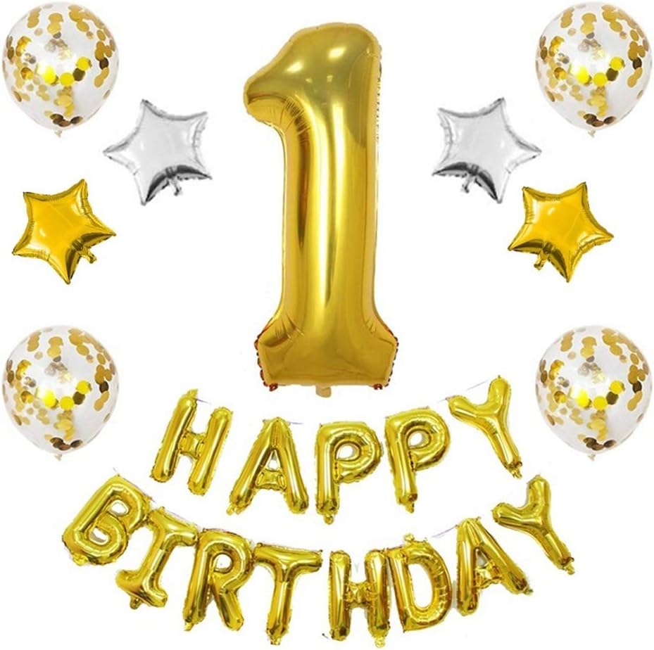 Hongkai 1st Birthday Boy Decoration Set,Number 1 Mylar balloons Baby First Birthday Decoration with Happy Birthday Banner, Birthday Glod Latex Foil Balloons for Party Supplies Decoration