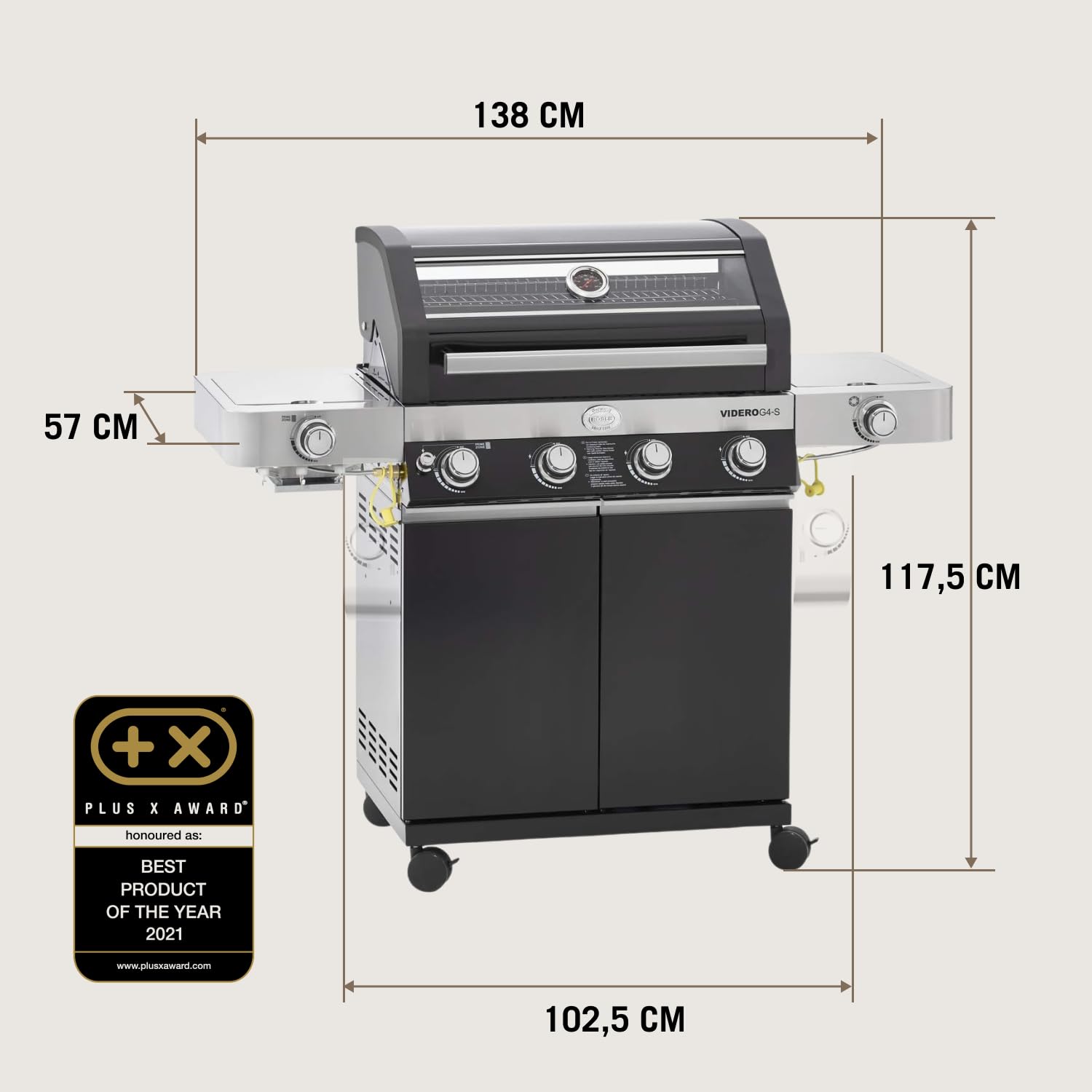 RÖSLE Gasgrill BBQ-Station VIDERO G4-S Schwarz, Grill mit 4 Edelstahlbrennern, extra Primezone und Seitenbrenner, klappbare Seitentische, VARIO+, pulverbeschichteter Stahl 7