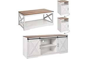VEVOR 4 Pieces Farmhouse Coffee Table Sets, 40 in Coffee Table with 2 End Tables and 66 in TV Stand, Easy Assembly Living Roo