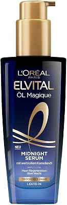 Sérum nutritivo L'Oréal Paris para cabelo macio e brilhante, efeito duradouro contra o frisado, não deixa resíduos, com óleo de flor de camélia, óleo Elvital Magique Midnight Serum 1 x 100 ml