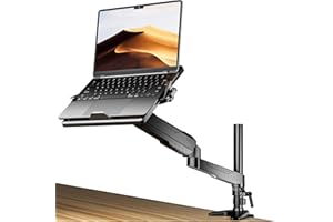 KLEARLOOK MAXIMIZED CLARITY! Gas Spring Laptop Mount with Adjustable Tray - Klearlook 2in1 Full Motion Monitor Laptop Stand Mount,Fully Adjustable Extension Arm Mount with 75x75/100x100mm VESA Plate,Clamp-on and Grommet Mounting