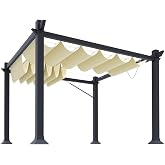 Goleray 7'x16' Retractable Pergola Canopy Shade Cover UV Block Replacement Shade Cloth Outdoor Breathable Wave Sunshade Sails with Wire Cables for Deck Porch Garage Backyard Beach, Beige