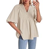 Cicy Bell Womens Summer Puff Sleeve Blouses Smocked V Neck Babydoll Peplum Casual Tunic Tops Loose Fit Pleated Shirts