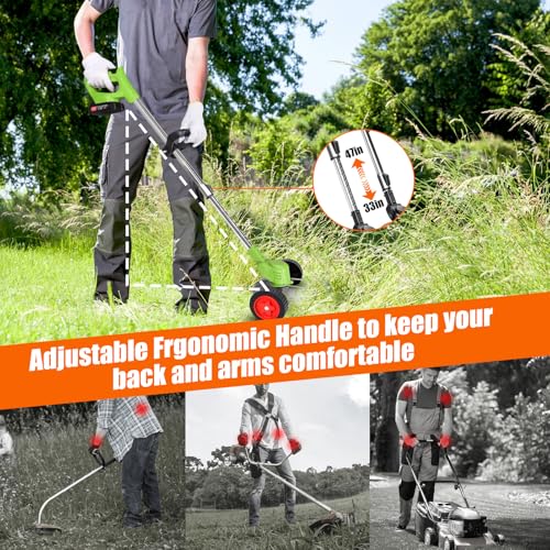 Electric Weed Wacker Cordless with Wheels,24V Electric Weed Eater 3-in-1 Grass Trimmer/Brush Cutter/Edger, 2pcs Batteries&3 Types Blades, Lightweight, Low Noise for Thick Weeds&Yard Garden