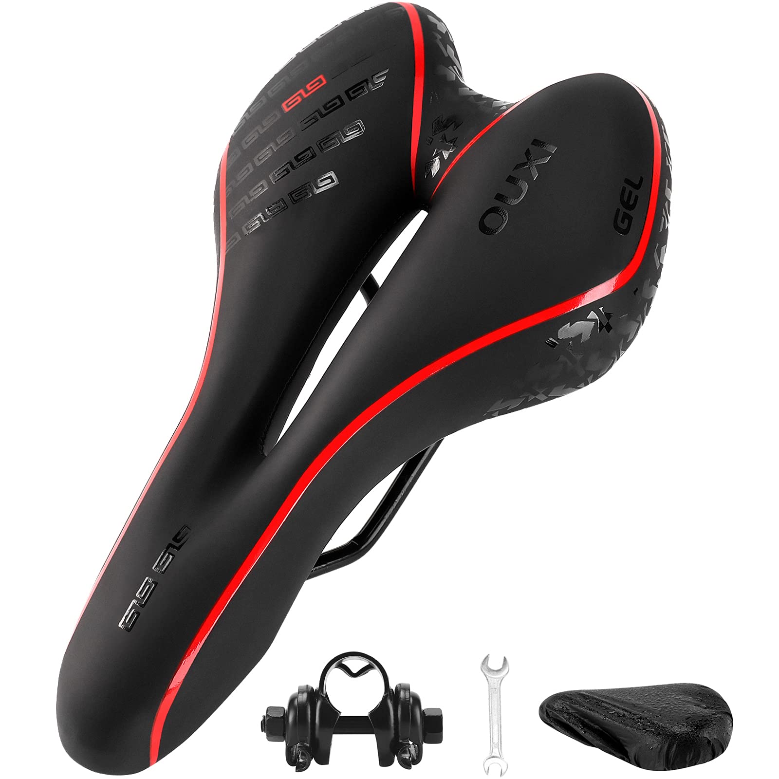 OUXI Bike Seat, Gel Bicycle Saddle Comfortable Soft Breathable Cycling Bicycle Seat Cushion Pad with Ergonomics Design for MTB Mountain Bike Exercise Bike Road Bike Men and Women (Red)