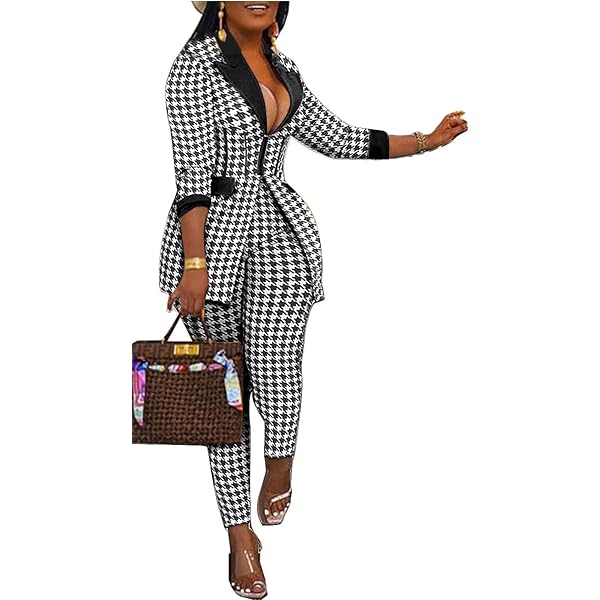 WDIRARA Women's Plus Size Houndstooth Print Long Puff Sleeve Open