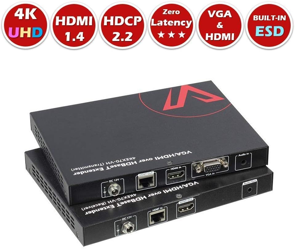 AV Access VGA HDMI Extender (HDBaseT) with auto-Switch, 4K60Hz Over Cat5e /6a, 70m(230ft)1080P, 40m(130ft)4K, PoE, Bi-Directional IR+RS232, PCM7.1, TrueHD, DTS-HD Master Audio, Atmos, DTS:X