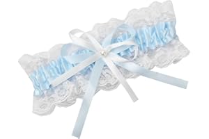 Emperoch Blue Bridal Garter with White Lace Edges, Elastic Bridal Garters with Bow and Pearl, One Size Lace Wedding Garters T