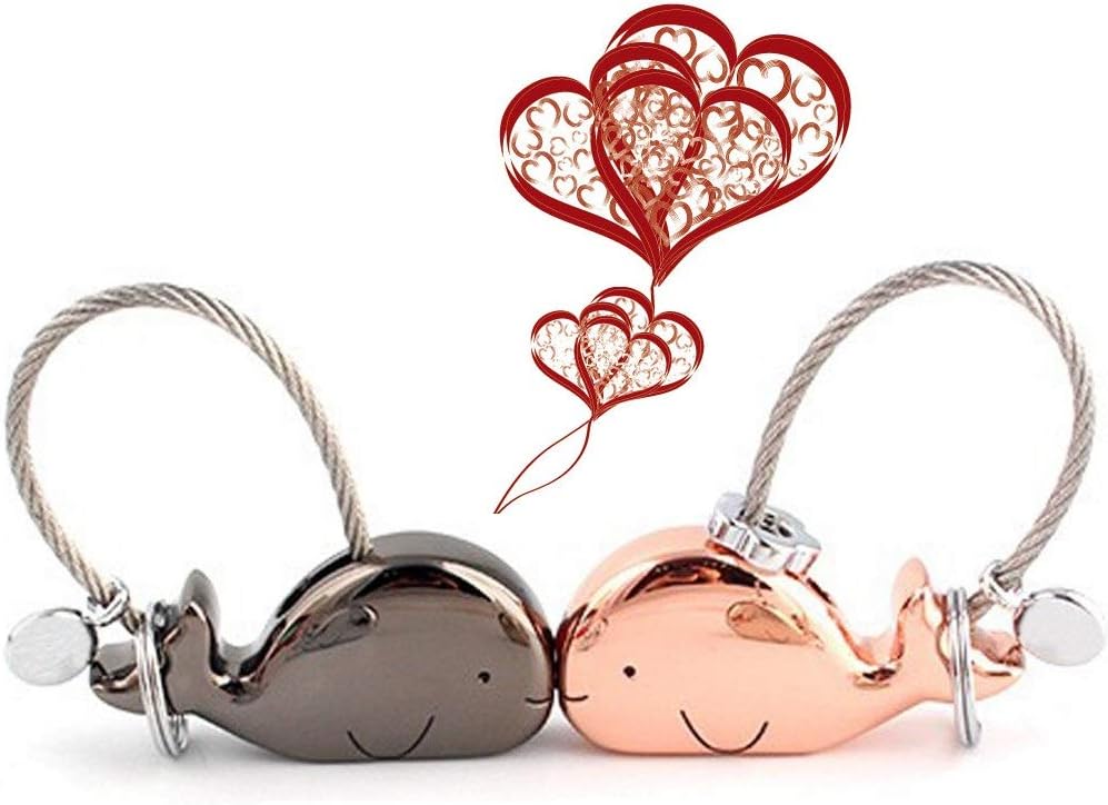 Topeedy Lover Keyring 1 Pair Kissing Whale Keychain with Magnetic Mouth Zinc Alloy Key Chain Gift for Valentines, Christmas, Girlfriend, Rose Gold and Shiny Black