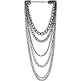 Choker Collar Statement Necklace - Waterfall Multi-Strand Black Gold Chains With Gem Stone Beads