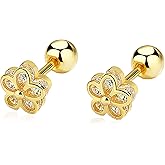 14K Gold Plated Flower Stud Earrings for Women Sterling Silver Hypoallergenic Cubic Zirconia Earrings, Trendy Dainty Cute Screw Back Ear Studs Minimalist Everyday Wear