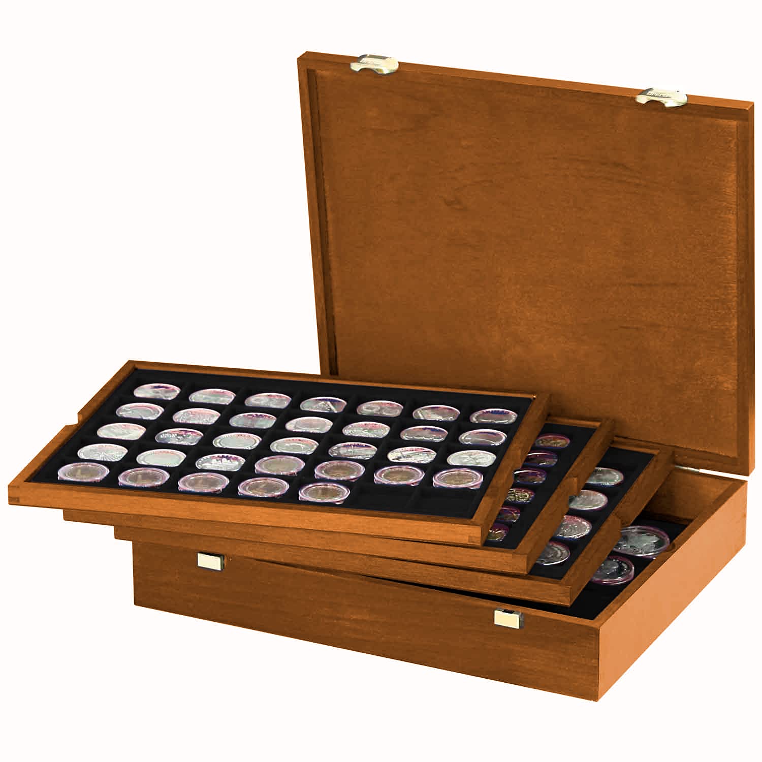 Lindner Real Wood Coin Box with 4 Black Trays for 127 Coins of Different Diameters