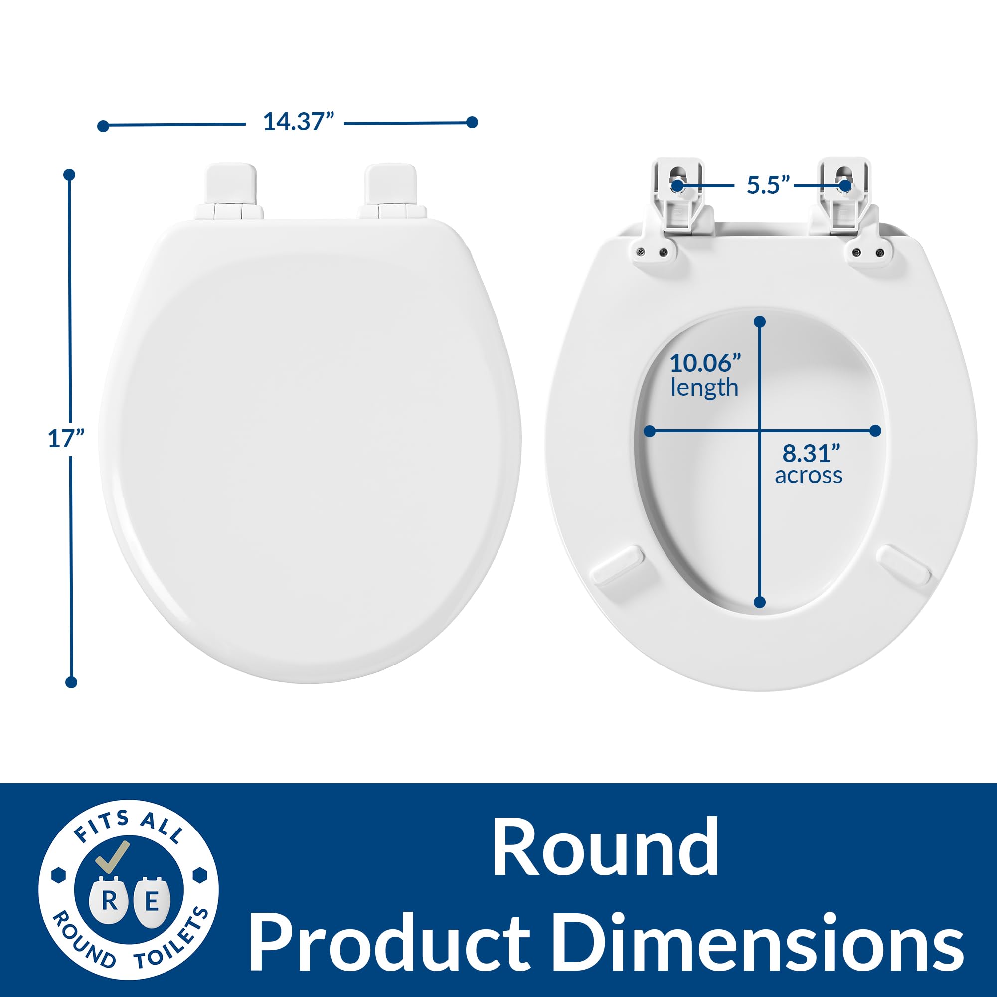 Mayfair Linden Slow Close Toilet Seat, Non Slip Heavy Duty Wood, Easy Install, Round, White