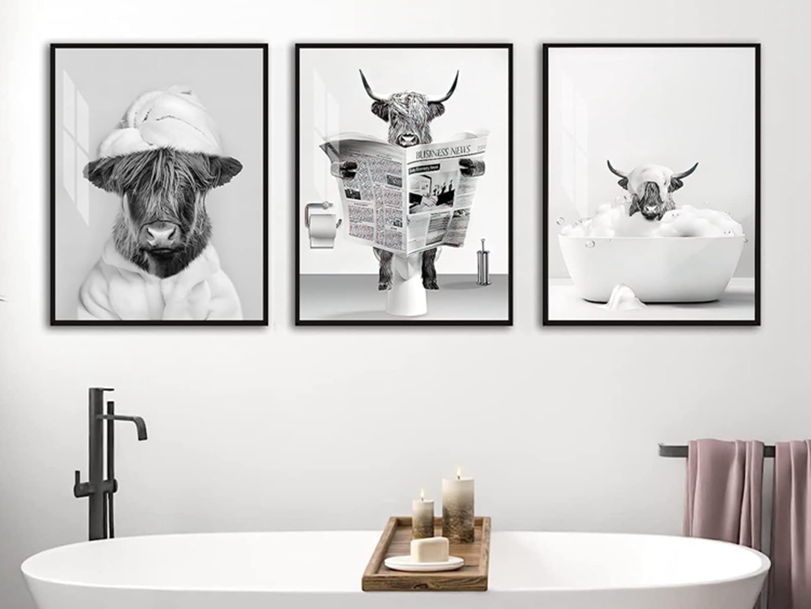 Set of 3 Posters Highland Cow Bathroom Posters, Pictures of Money Orang Utans and Monkeys, Animal Black White Wall Art Prints, Frameless (Poster 01, 3 Pieces - 60 x 90 cm)