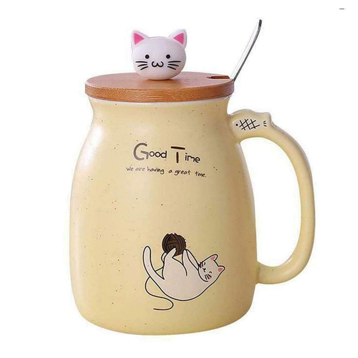 Sharemee - Ceramic Mug, Cute Cat Mug for Coffee, Kawaii Cat Cup with Lid and Stainless Steel Spoon, Coffee and Milk Mug for Birthday, Yellow, 450ML/15OZ