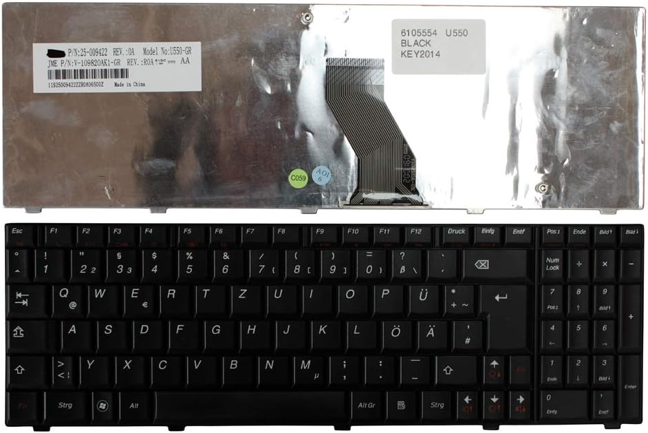 Keyboards4Laptops German Layout Black Laptop Keyboard Compatible with Lenovo 25-009422, Lenovo IdeaPad U550, Lenovo V-109820AK1-GR