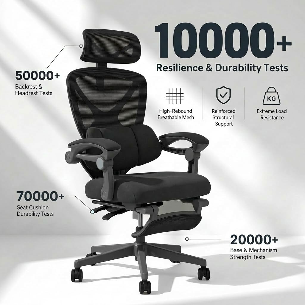 FLEXISPOT Ergonomischer Bürostuhl mit Fußstütze, X-förmiger Schreibtischstuhl mit 135°-Neigung, Gekoppelte Armlehnen mit zonenweise Einstellbarer Lendenstütze, Drehstuhl, 3D-Kopfstütze, Schwarz 9