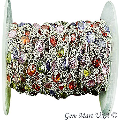 1ft Multi Color Oval Shape, 6x4mm Silver Plated Continuous Connector Gemstone Link Chain (SPMU-20034)