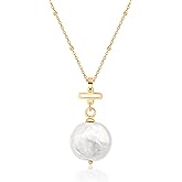 Aobei Pearl 18K Gold Plated Pendant Necklace for Women Dainty Gold Chain Choker Love Heart Disc Coin Pearl Cross Toggle Jewelry